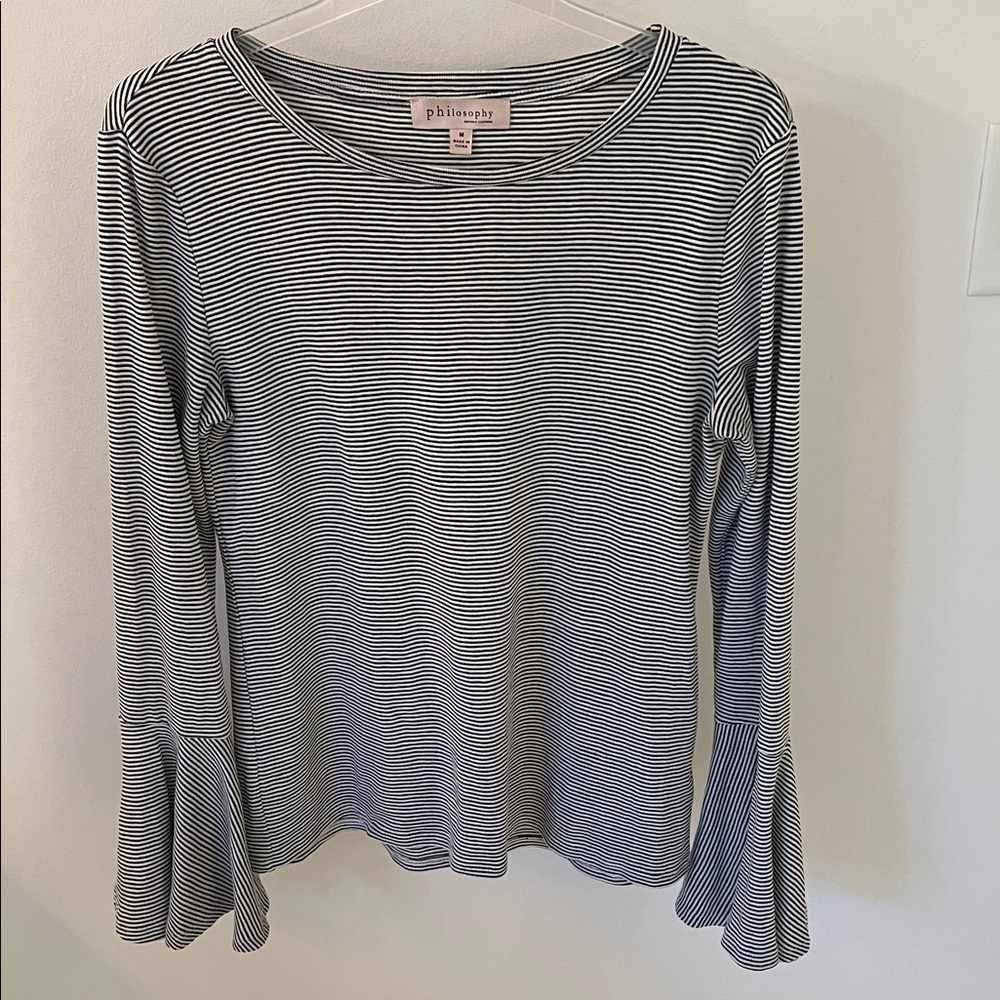 Philosophy Black & White Striped Bell Sleeve Top M
